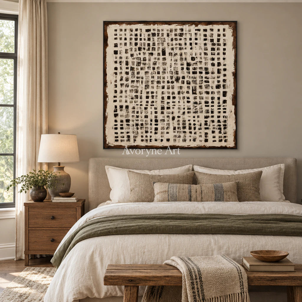 Chalk Weave: Textured Wabi-Sabi White Grid Wall Art — bedroom black