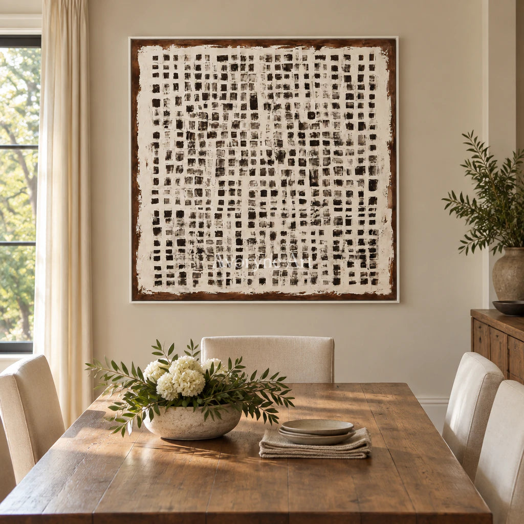 Chalk Weave: Textured Wabi-Sabi White Grid Wall Art — dining white