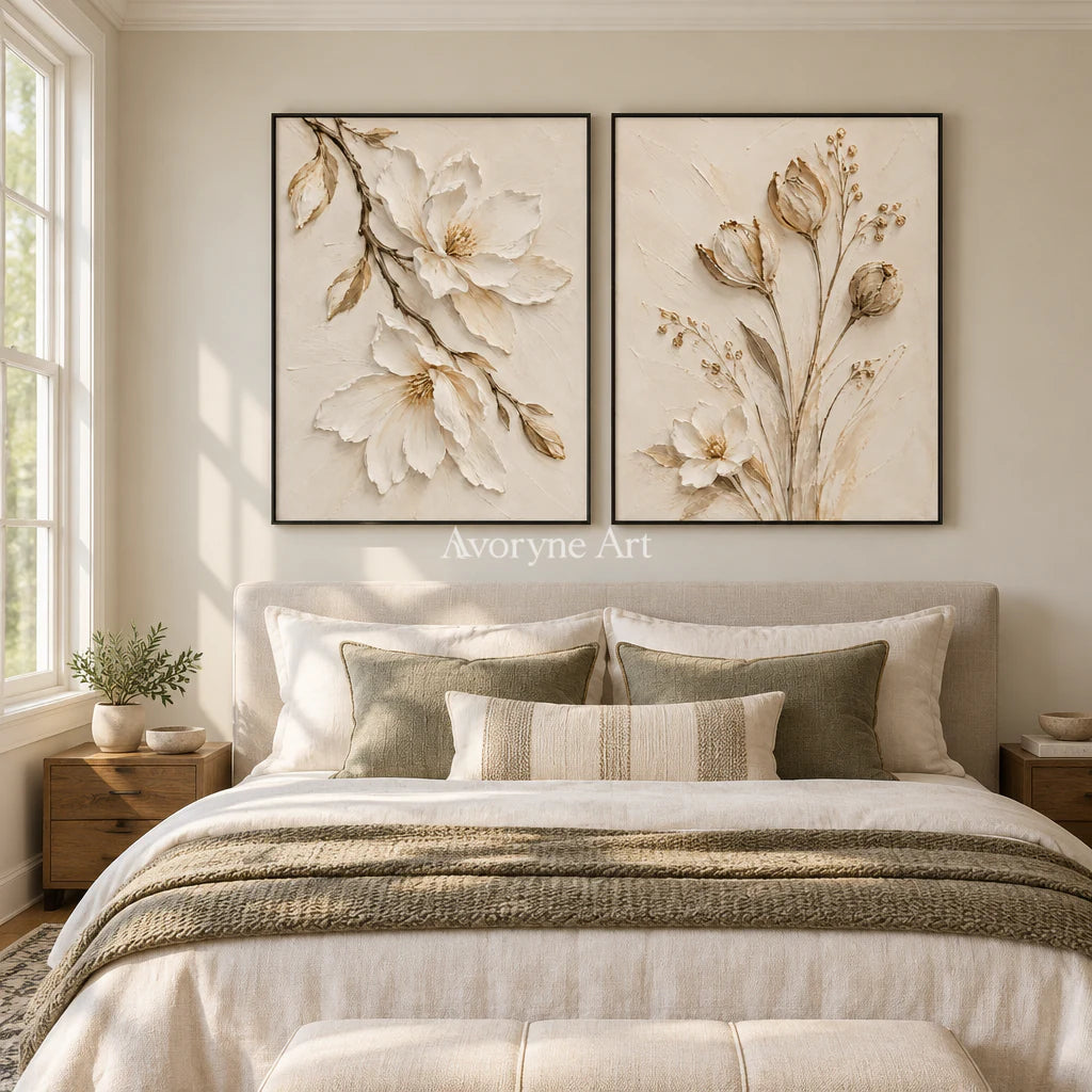 Ivory Botany: Textured White Floral Diptych Wall Art — bedroom black