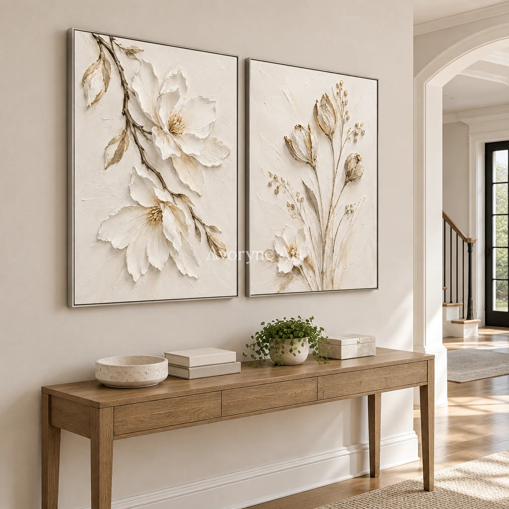 Ivory Botany: Textured White Floral Diptych Wall Art — entry silver