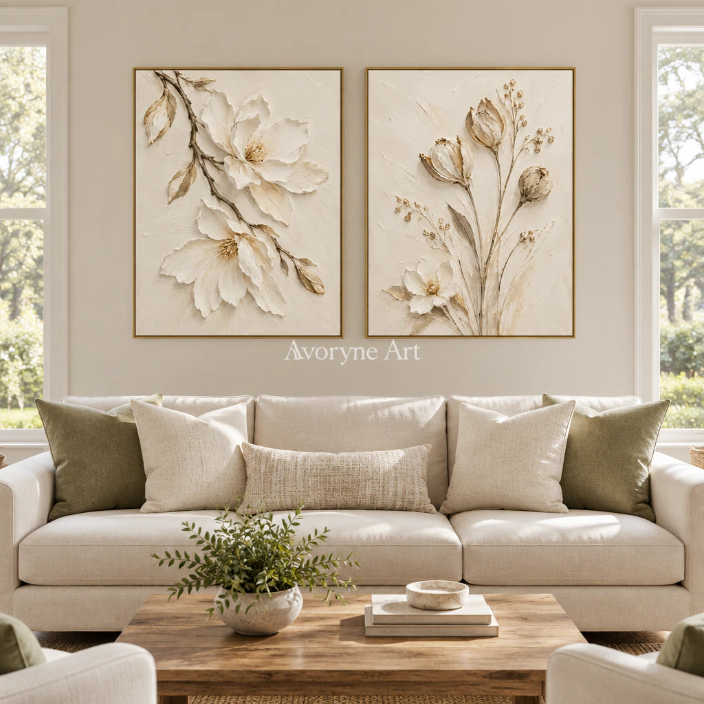 Ivory Botany: Textured White Floral Diptych Wall Art — living gold