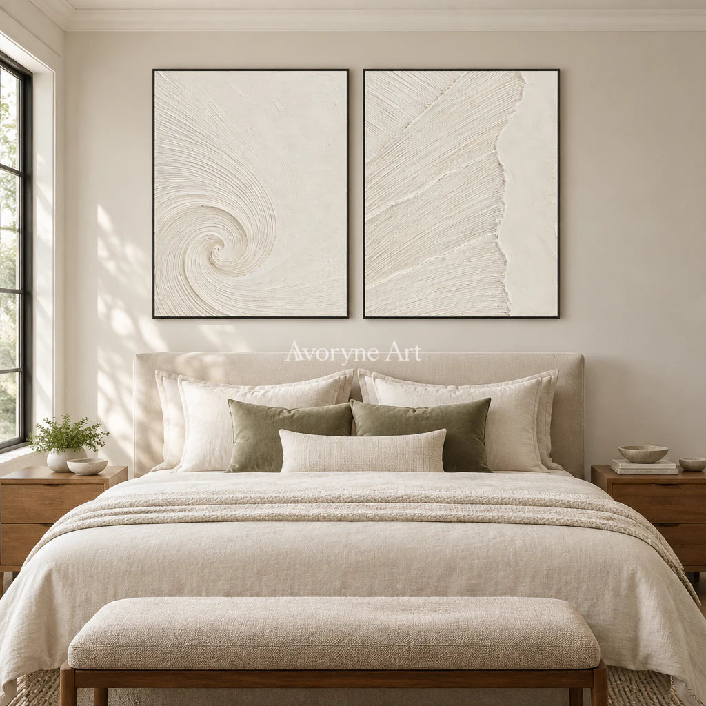 Spiral Passage: Textured White Grooved Diptych Wall Art — bedroom black