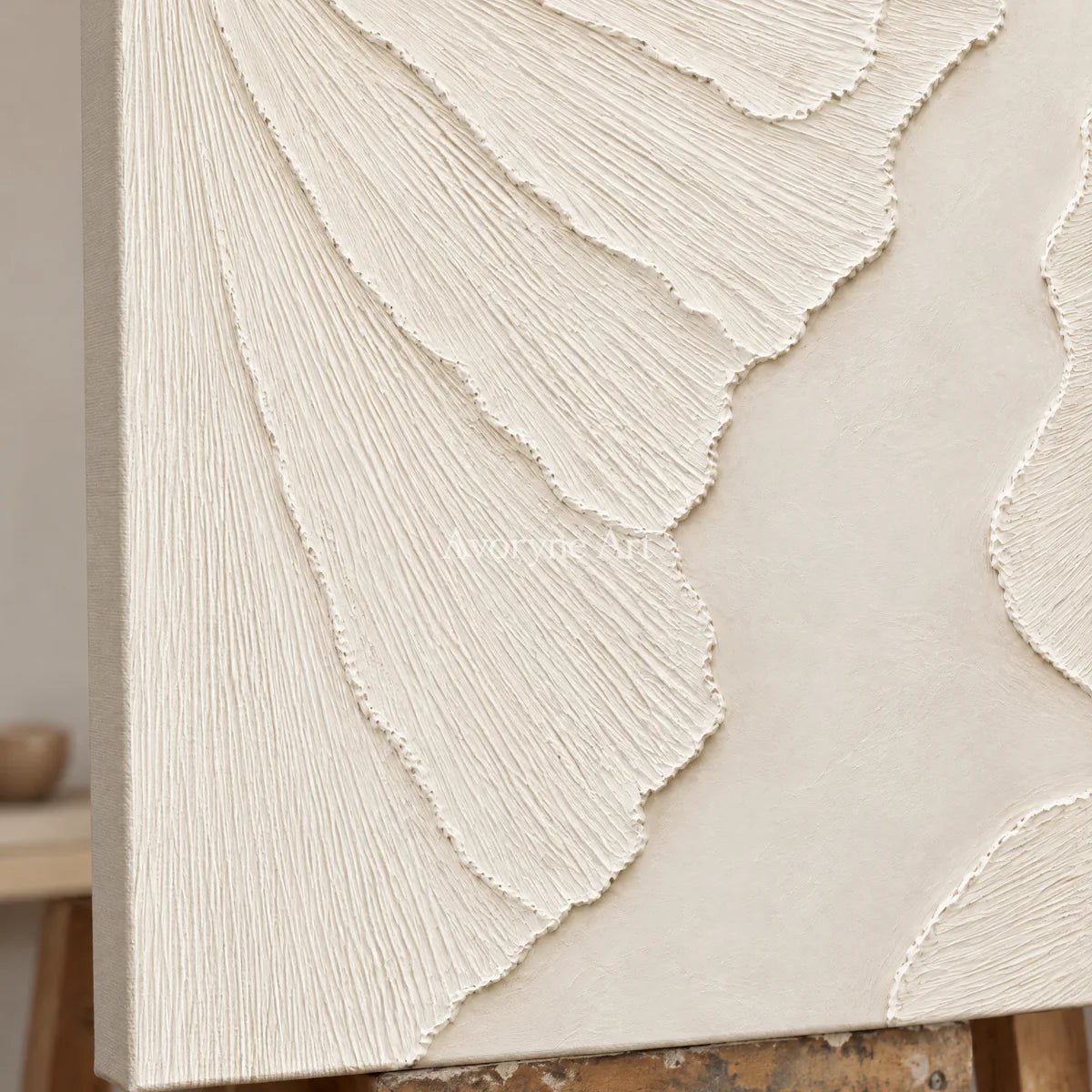 Ivory Fanways: Textured White Grooved Relief Wall Art — detail easel