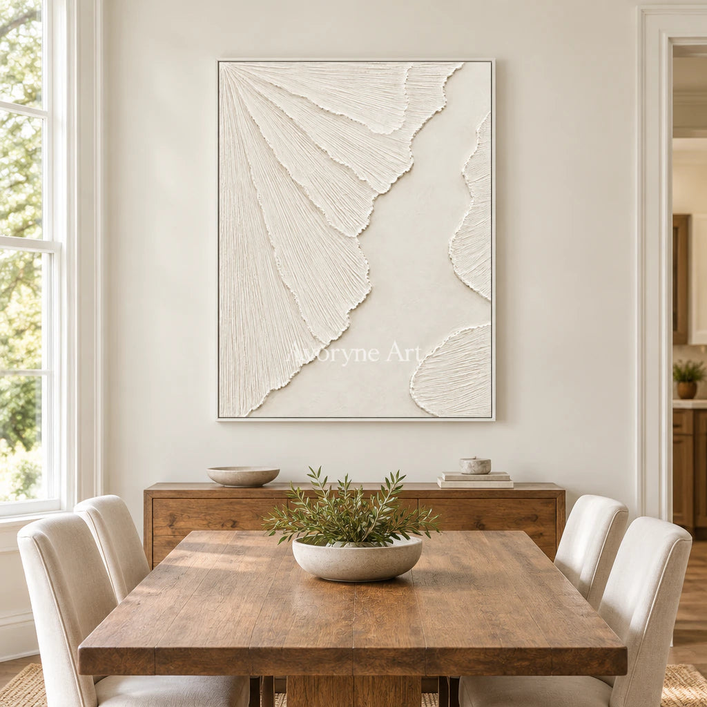 Ivory Fanways: Textured White Grooved Relief Wall Art — dining white