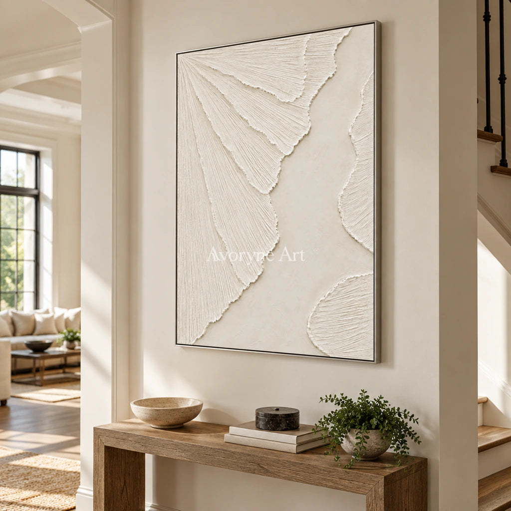 Ivory Fanways: Textured White Grooved Relief Wall Art — entry silver