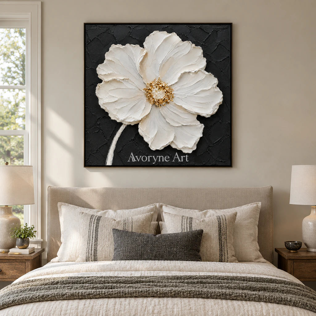 Ivory Bloom: Textured White Impasto Flower Wall Art — bedroom black