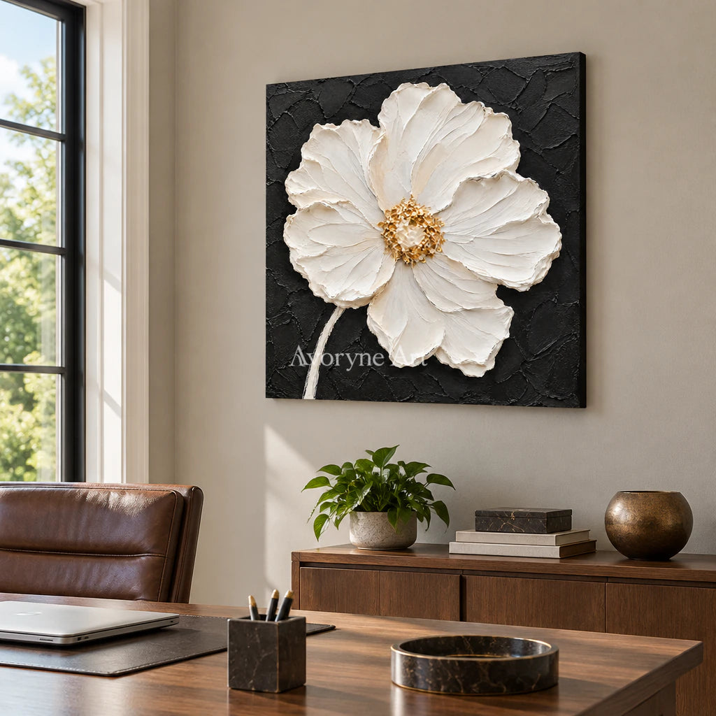 Ivory Bloom: Textured White Impasto Flower Wall Art — office frameless