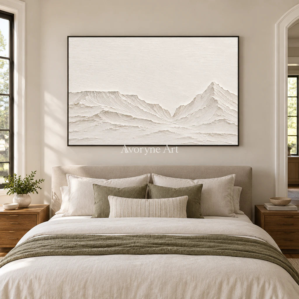 Pale Divide: Textured White Mountain Relief Wall Art — bedroom black
