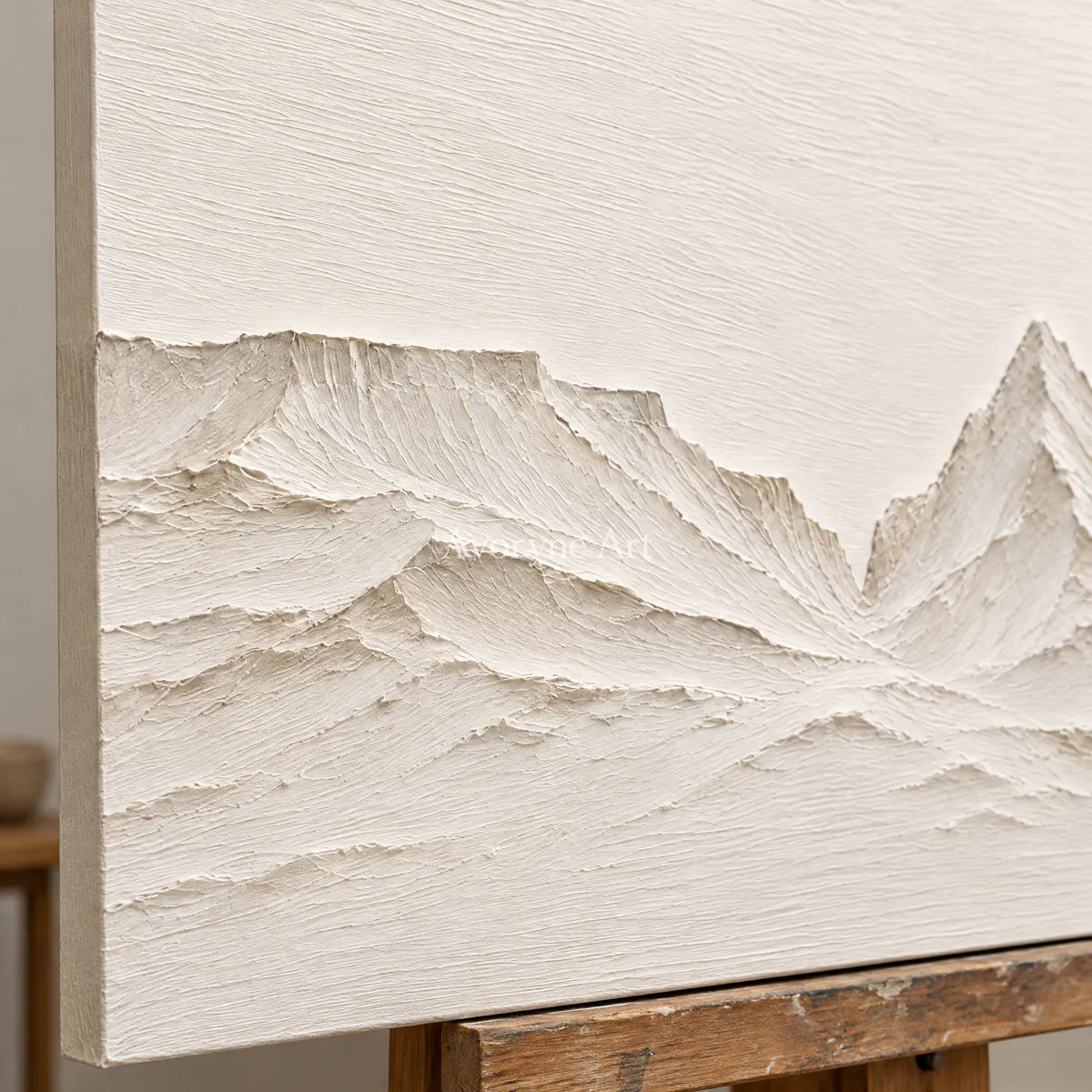 Pale Divide: Textured White Mountain Relief Wall Art — detail easel