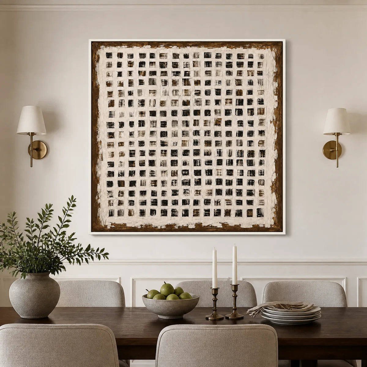 Urban Grid: Textured Geometric Wall Art - dining room white frame