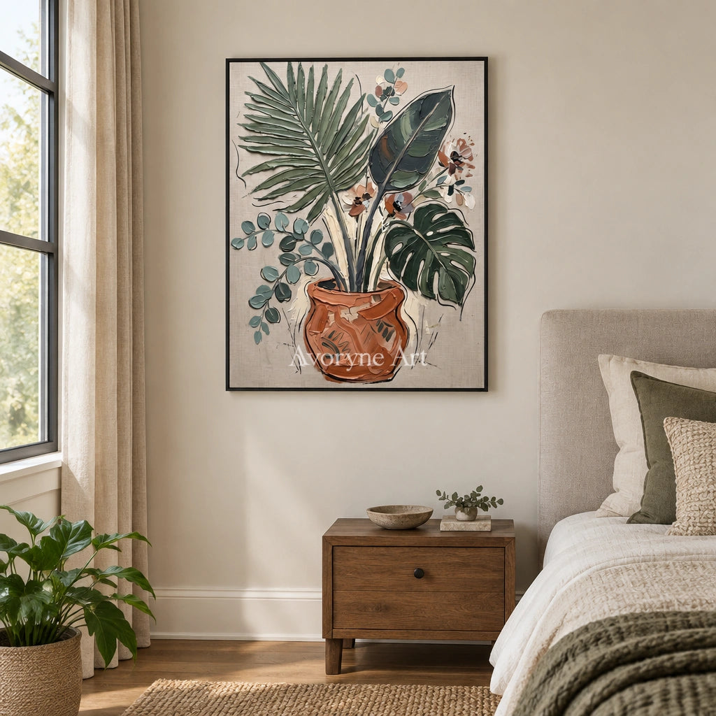 Silver Cadence vase and foliage wall art with a black frame above a bed in a bedroom