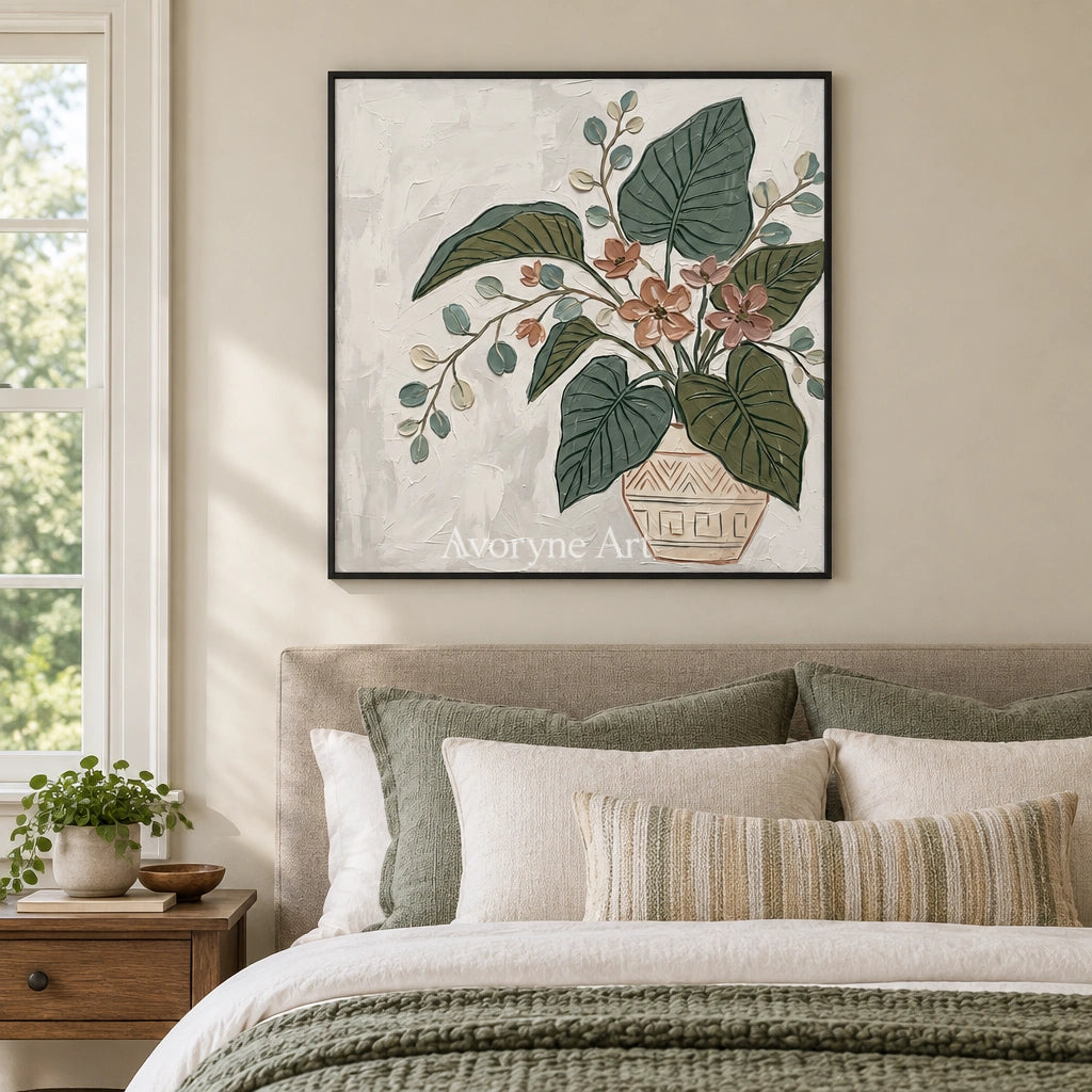 Silver Passage vase and foliage wall art with a black frame above a bed in a bedroom
