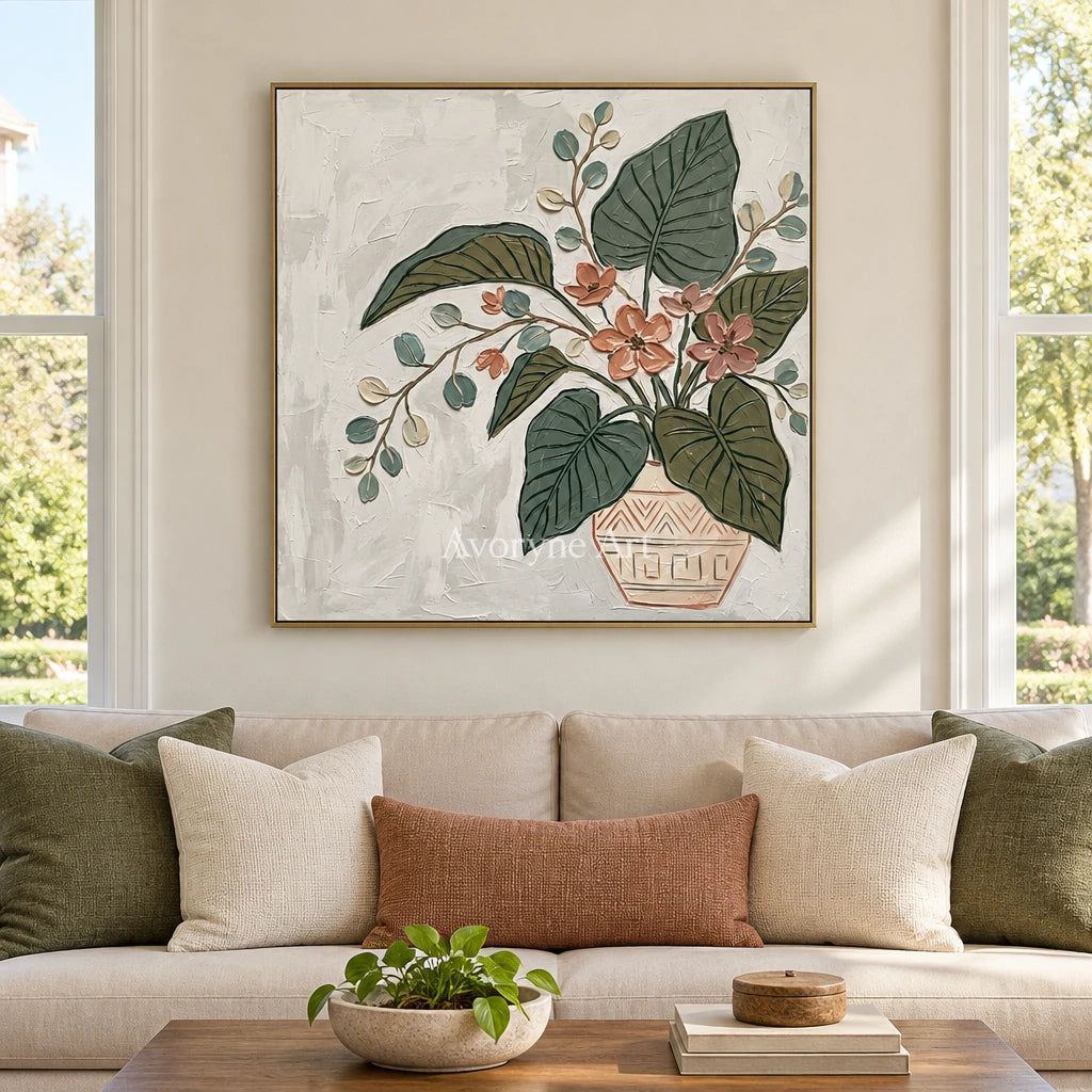 Silver Passage vase and foliage wall art with a gold frame hanging in a living room