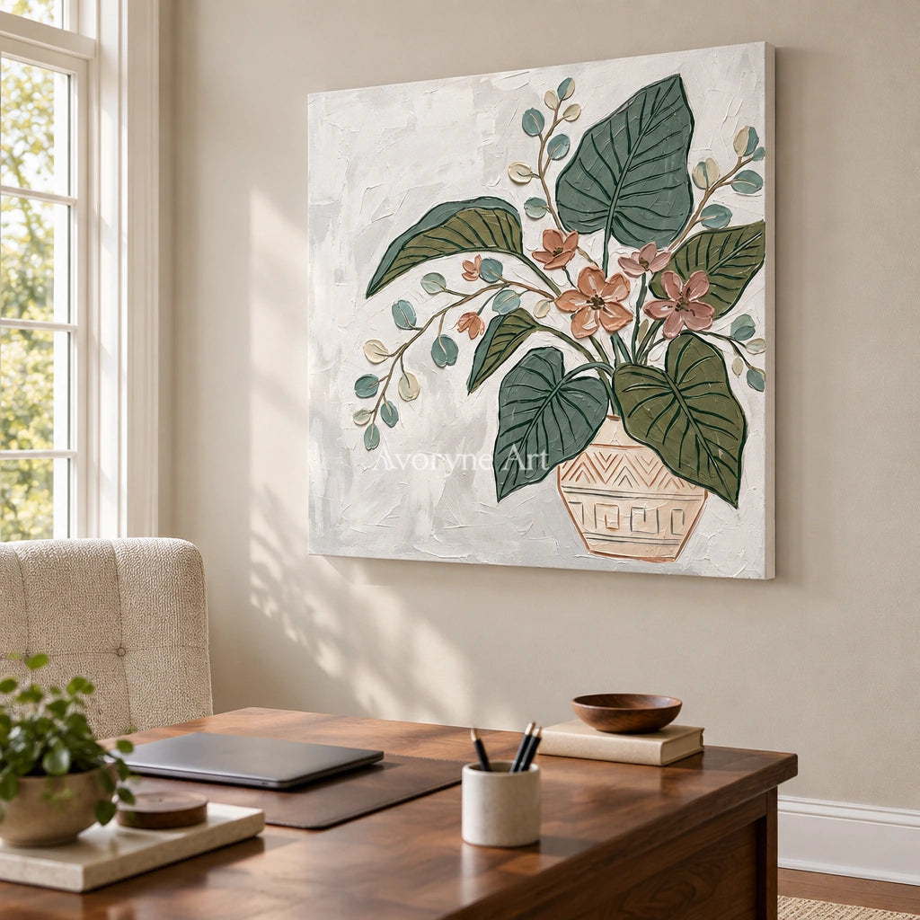 Silver Passage vase and foliage wall art as a frameless stretched canvas in a home office