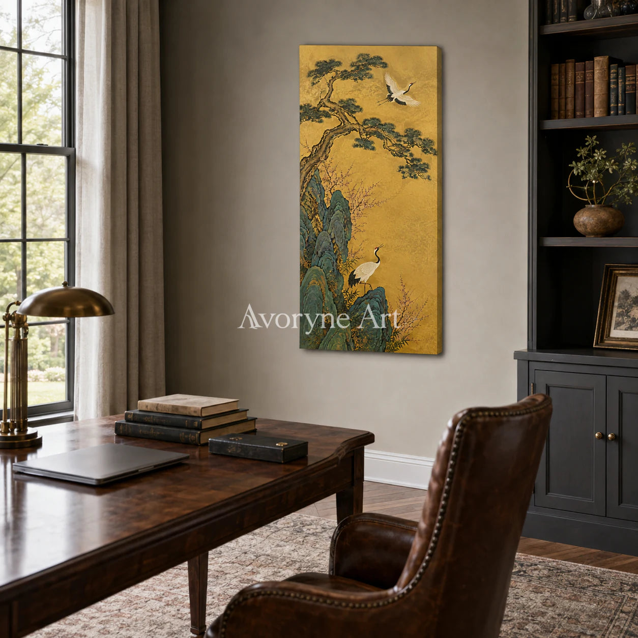 Cranes of Golden Spring: Vertical Asian Crane Floral Wall Art - office frameless