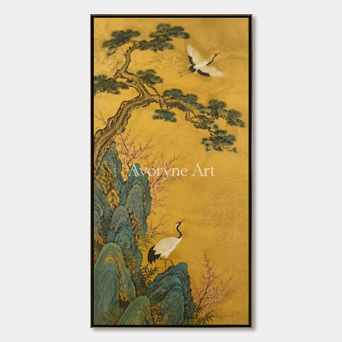 Cranes of Golden Spring: Vertical Asian Crane Floral Wall Art - main