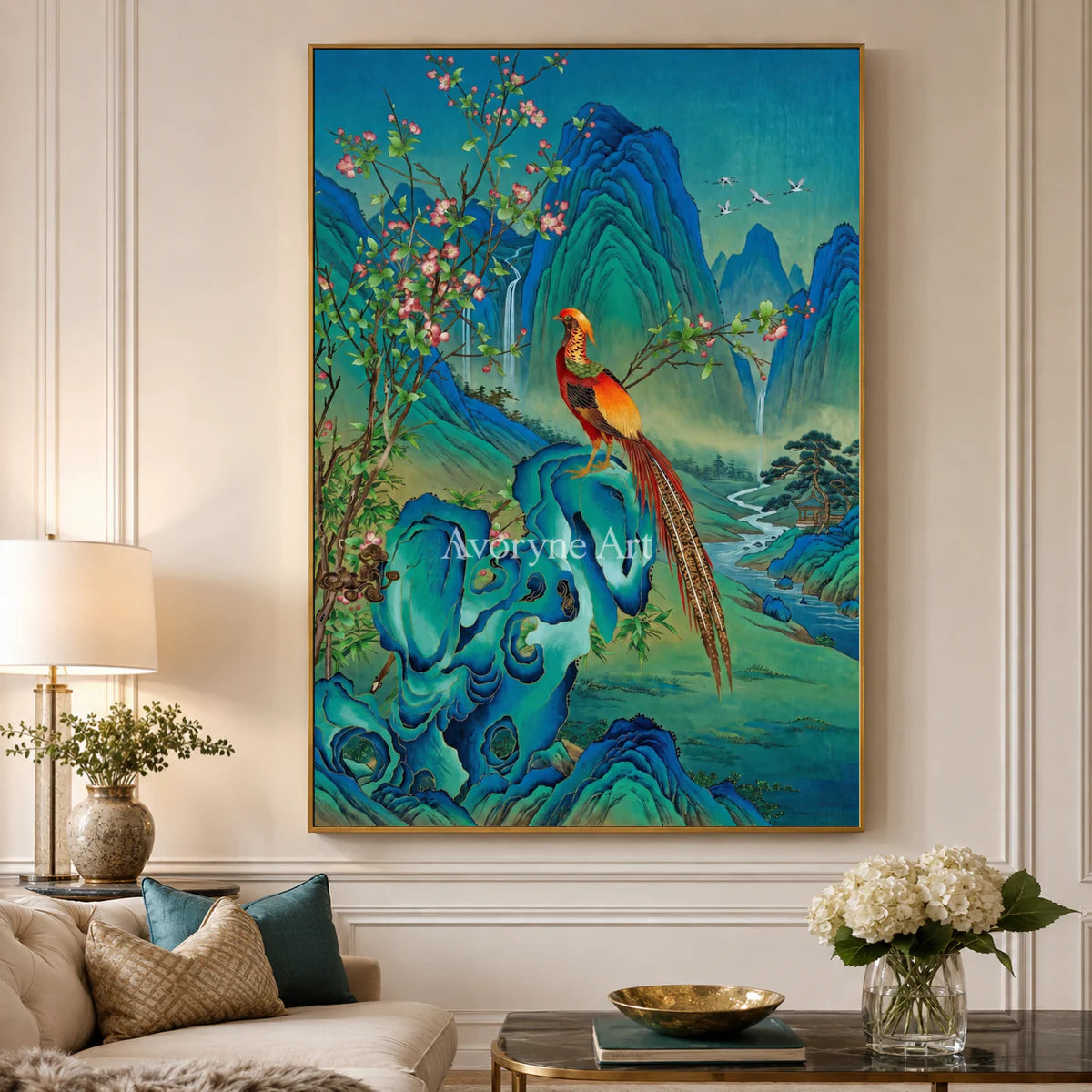 Azure Sanctuary: Vertical Bird and Mountain Wall Art — living room gold frame