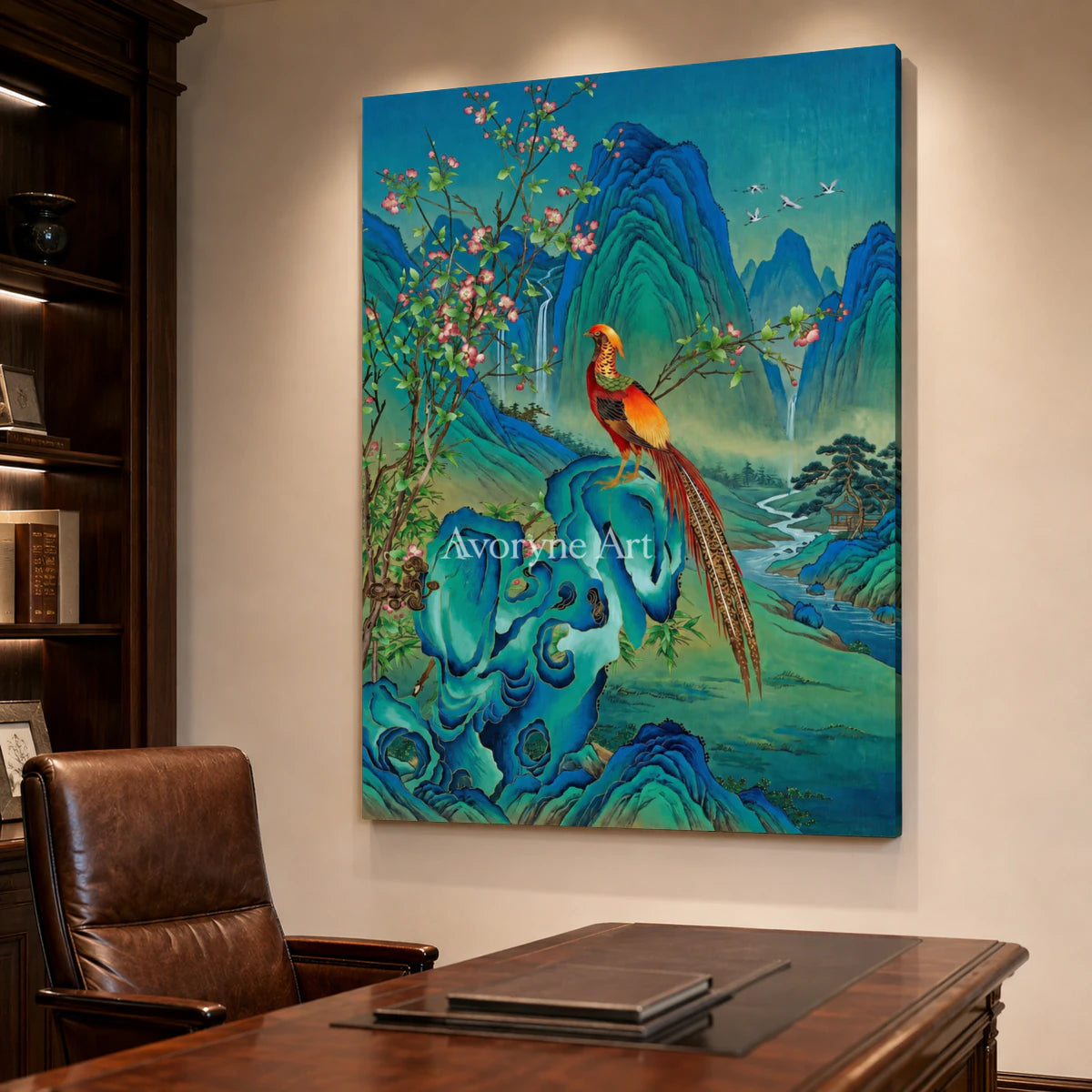 Azure Sanctuary: Vertical Bird and Mountain Wall Art — office frameless oblique