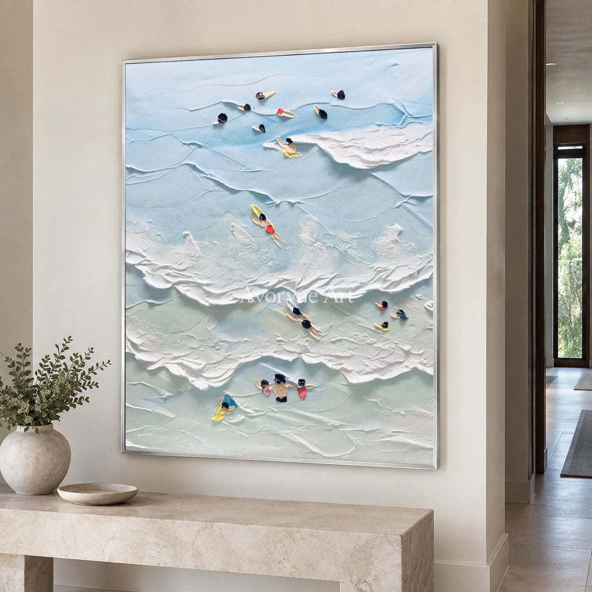 Bluewater Drift: Vertical Blue Surf and Swimmer Wall Art — entry silver