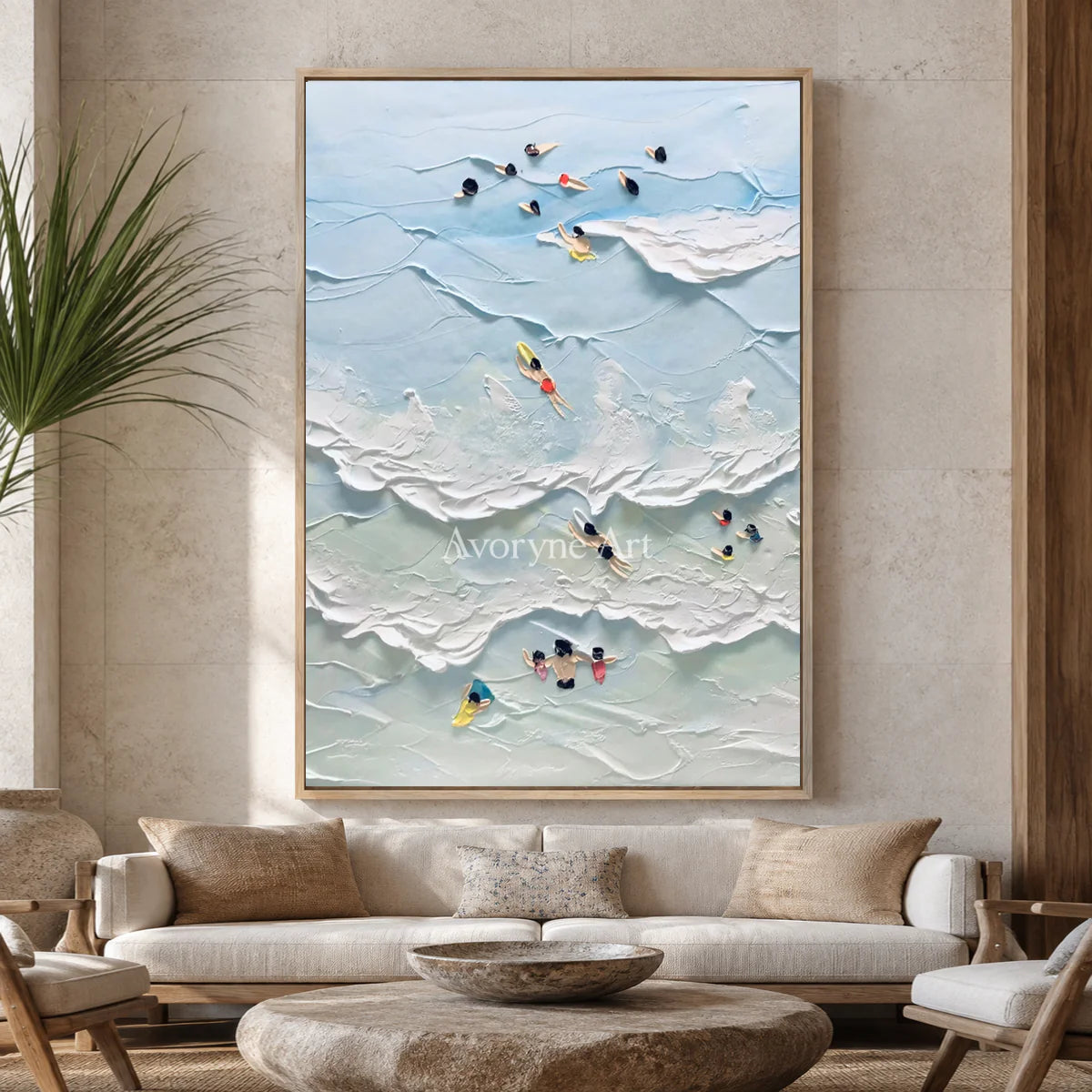 Bluewater Drift: Vertical Blue Surf and Swimmer Wall Art — hotel wood