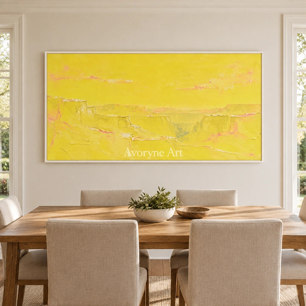 Tender Echo vivid landscape wall art with a white frame in a dining room