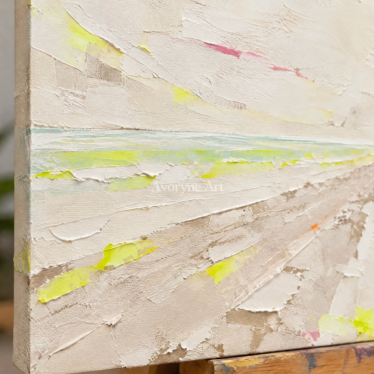 Close-up of the hand-painted texture of Tender Trace vivid landscape wall art on an easel