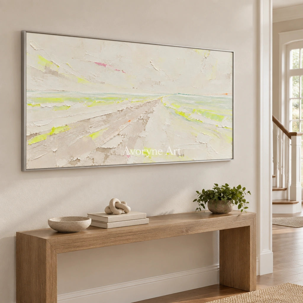 Tender Trace vivid landscape wall art with a silver frame in an entryway