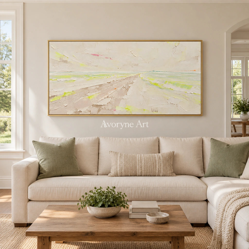 Tender Trace vivid landscape wall art with a gold frame hanging in a living room