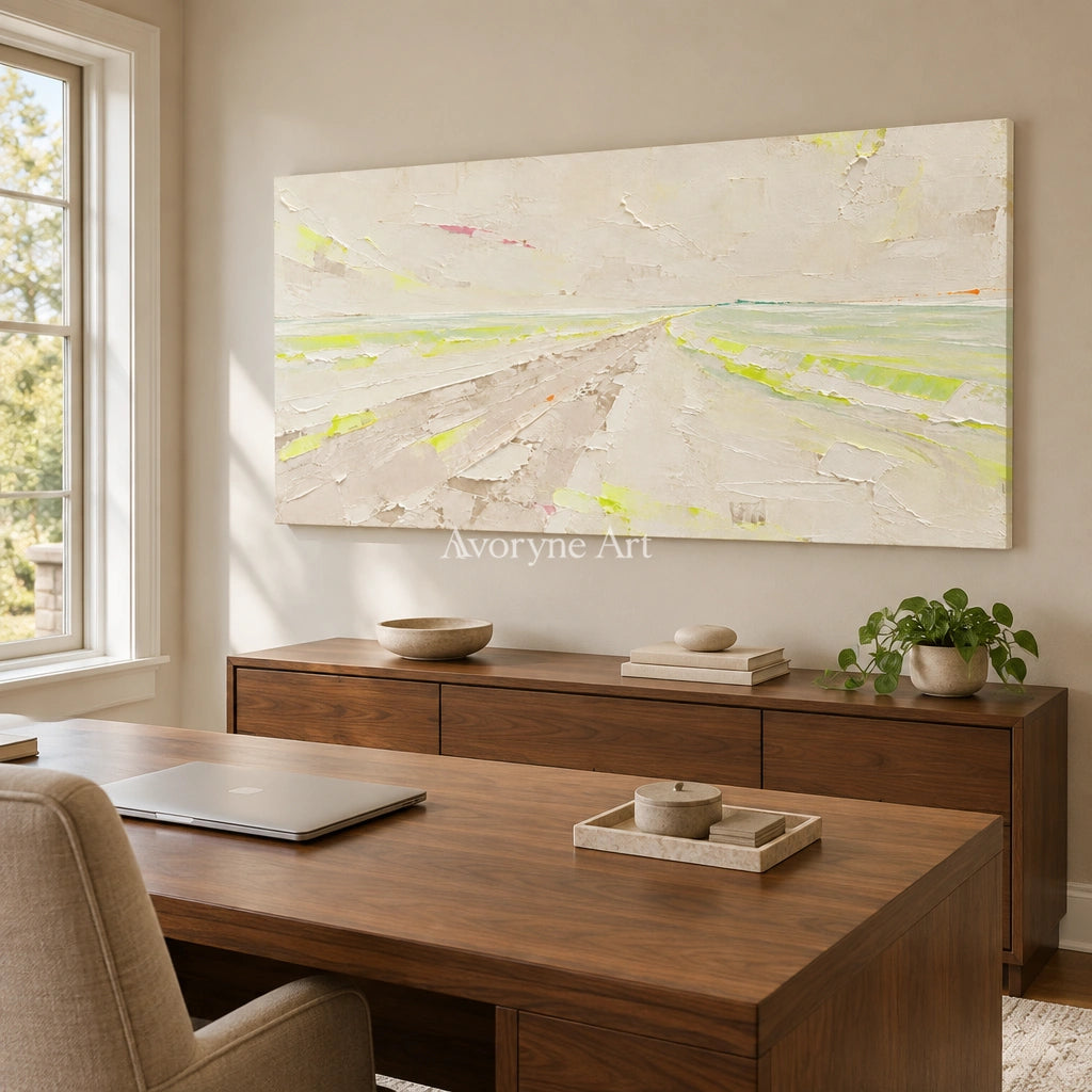 Tender Trace vivid landscape wall art as a frameless stretched canvas in a home office