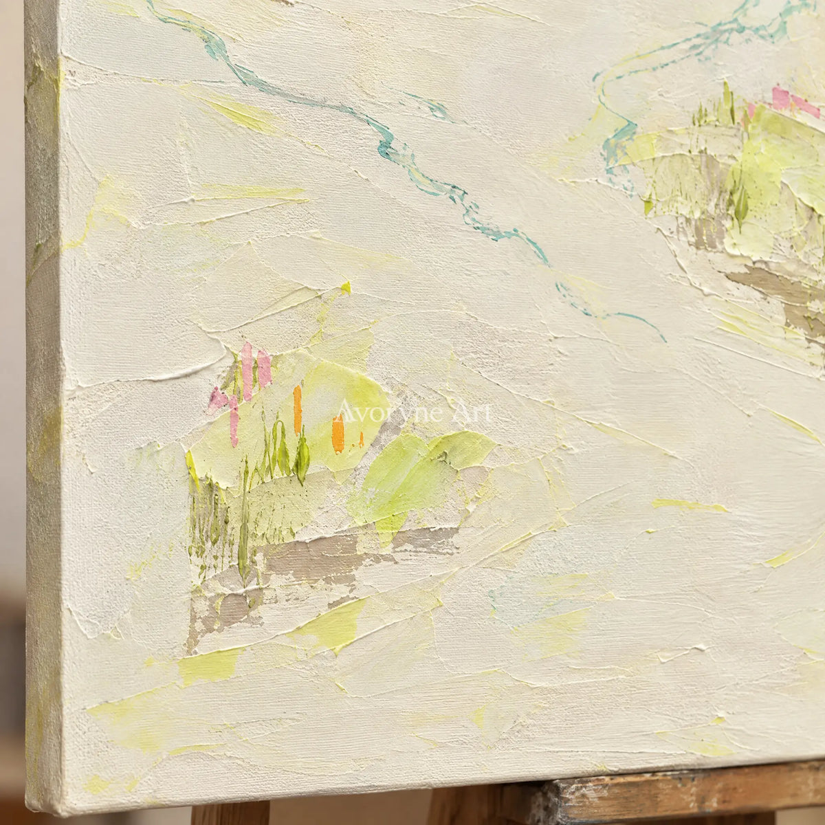 Close-up of the hand-painted texture of Tender Vista vivid landscape wall art on an easel