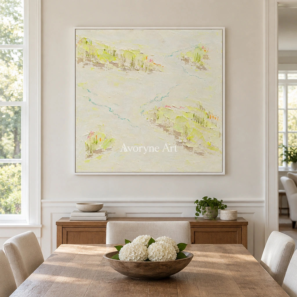 Tender Vista vivid landscape wall art with a white frame in a dining room