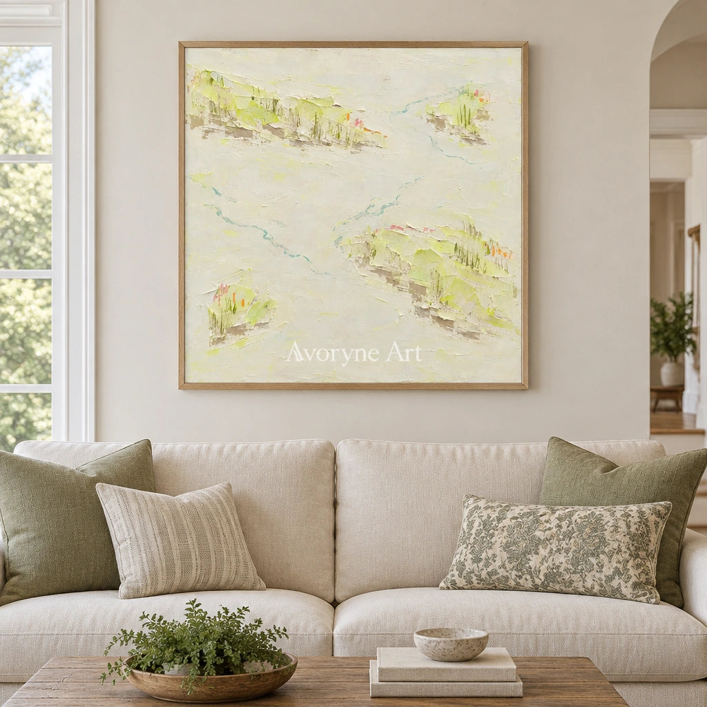 Tender Vista vivid landscape wall art with a wood frame in a villa living space