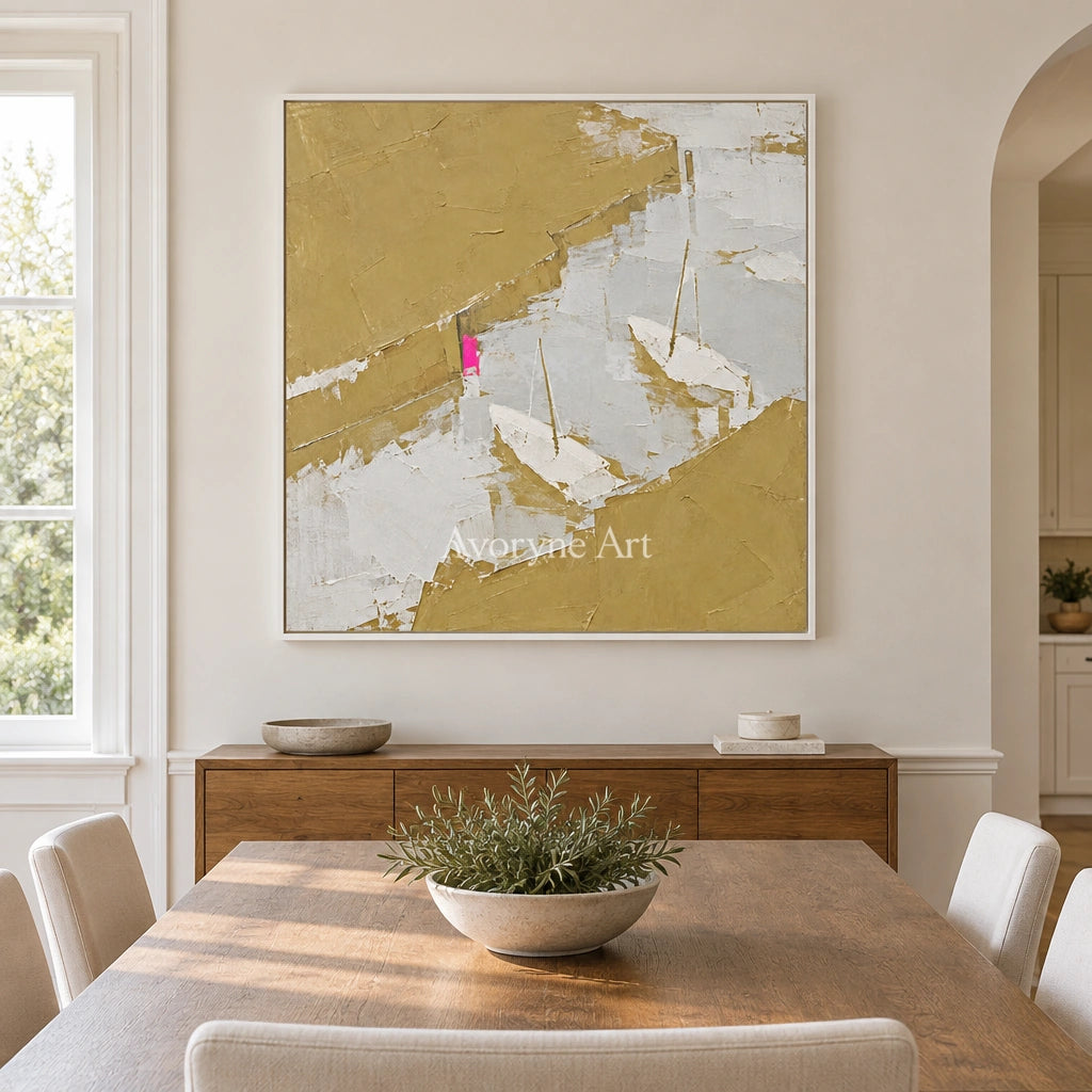 Tender Current vivid landscape wall art with a white frame in a dining room