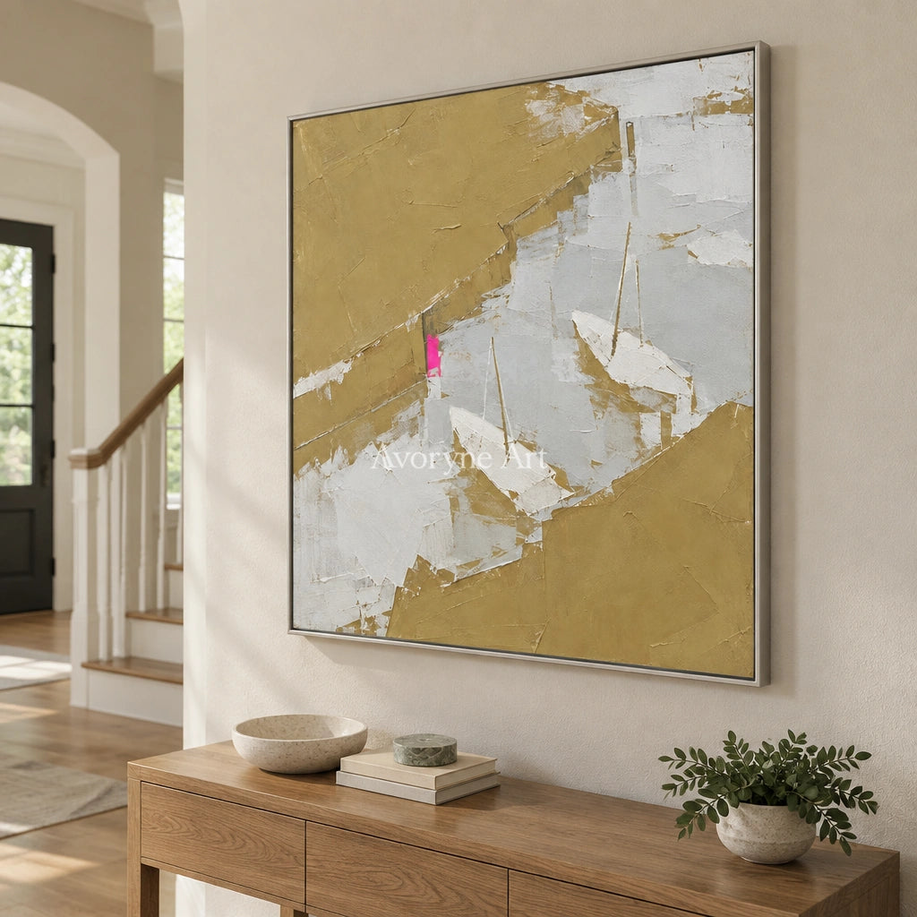 Tender Current vivid landscape wall art with a silver frame in an entryway