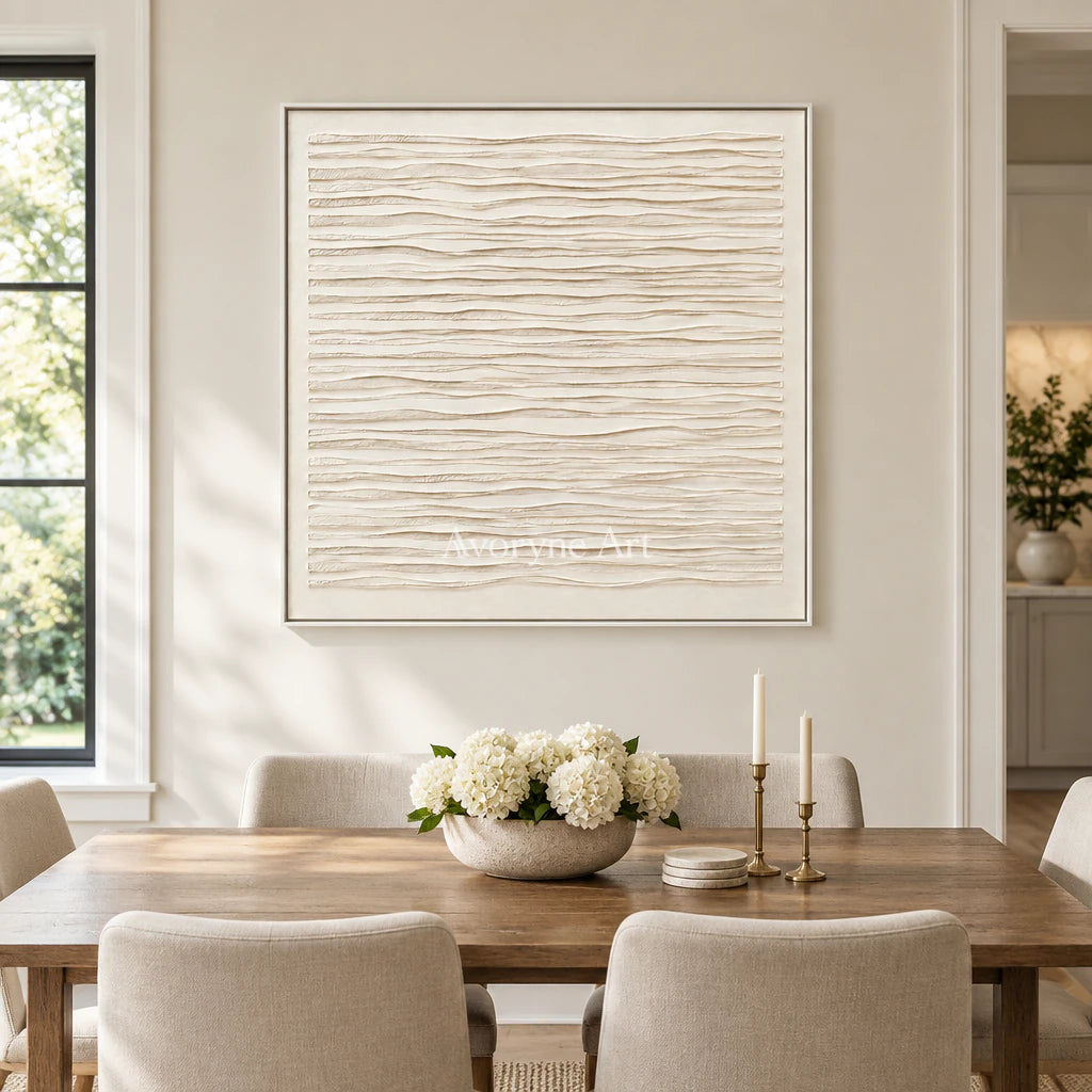 Linen Waves: Wabi-Sabi Beige Linear Relief Wall Art — dining white