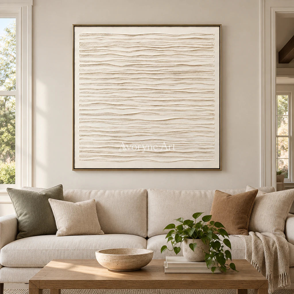 Linen Waves: Wabi-Sabi Beige Linear Relief Wall Art — living gold