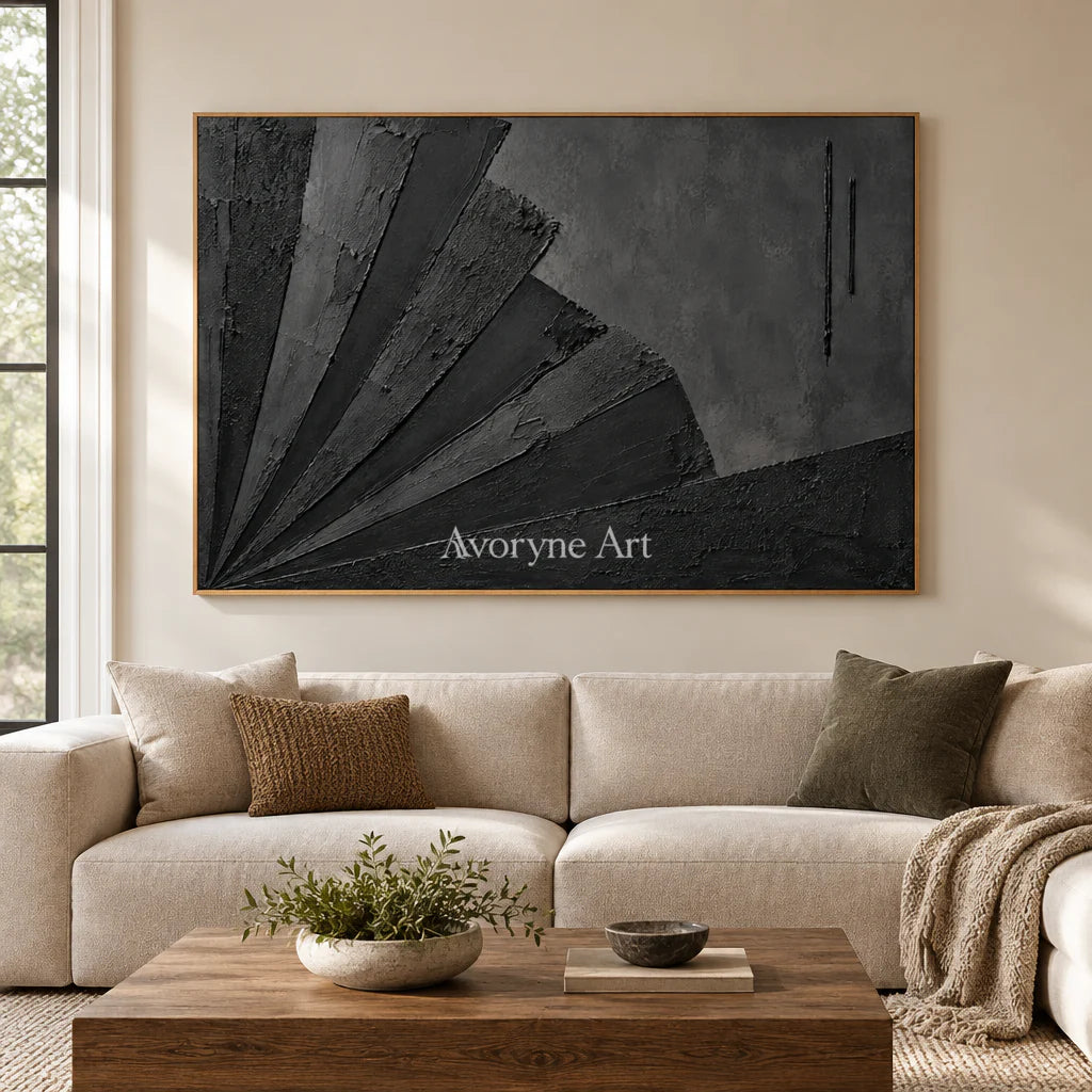 Obsidian Fan: Wabi-Sabi Black Textured Abstract Wall Art — villa wood