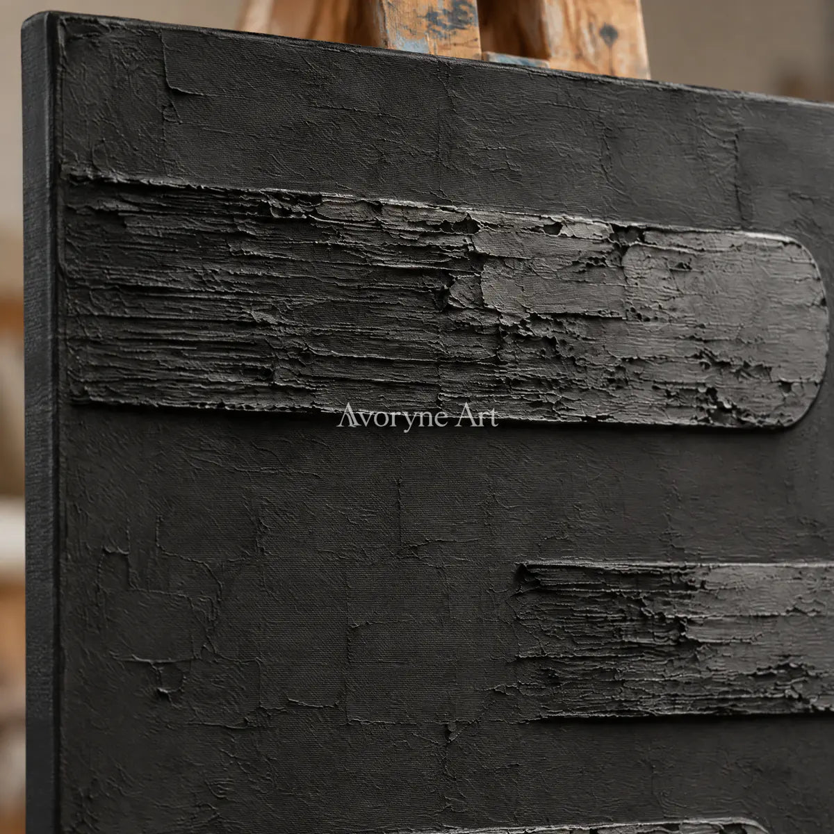 Dark Intervals: Wabi-Sabi Black Textured Relief Wall Art — detail easel