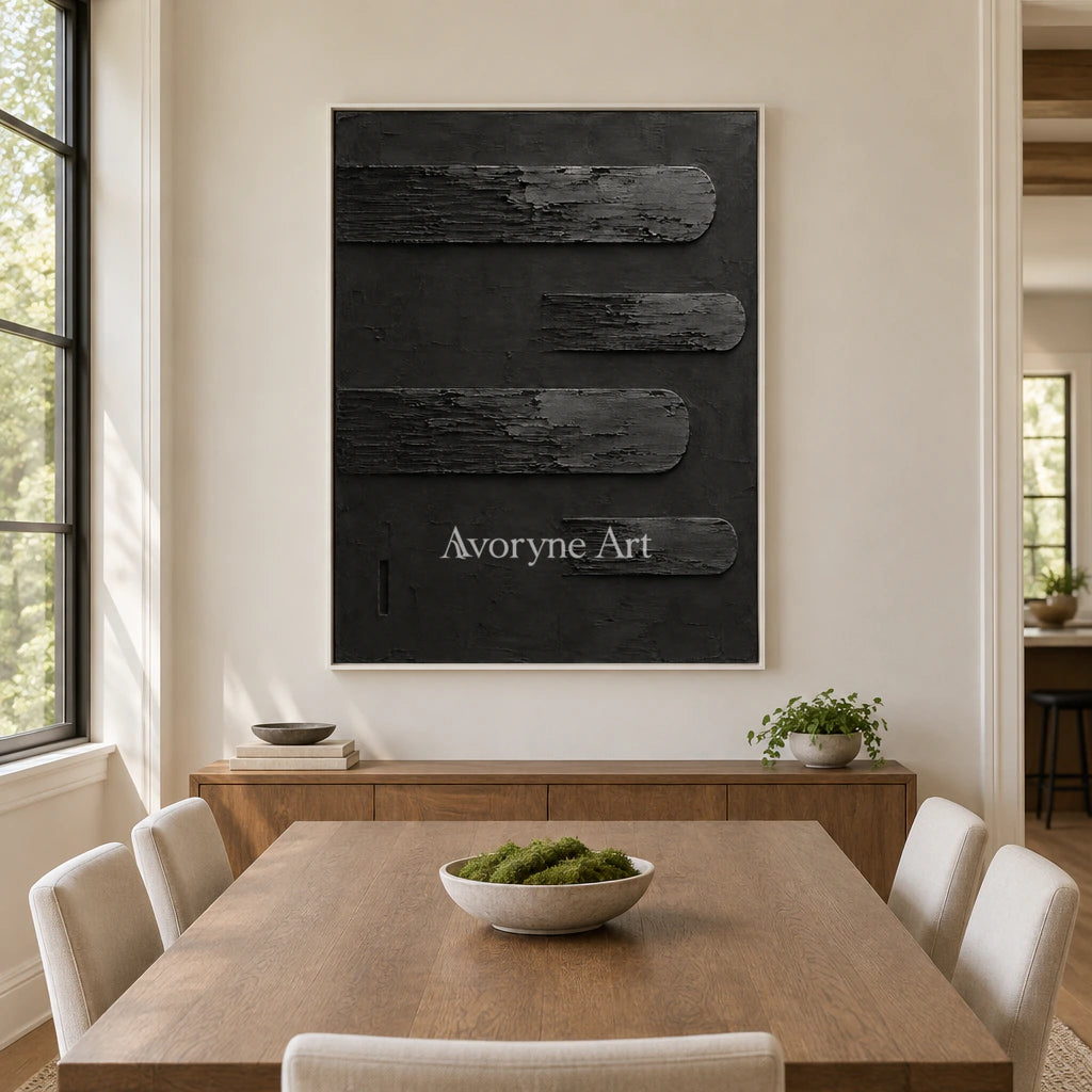Dark Intervals: Wabi-Sabi Black Textured Relief Wall Art — dining white