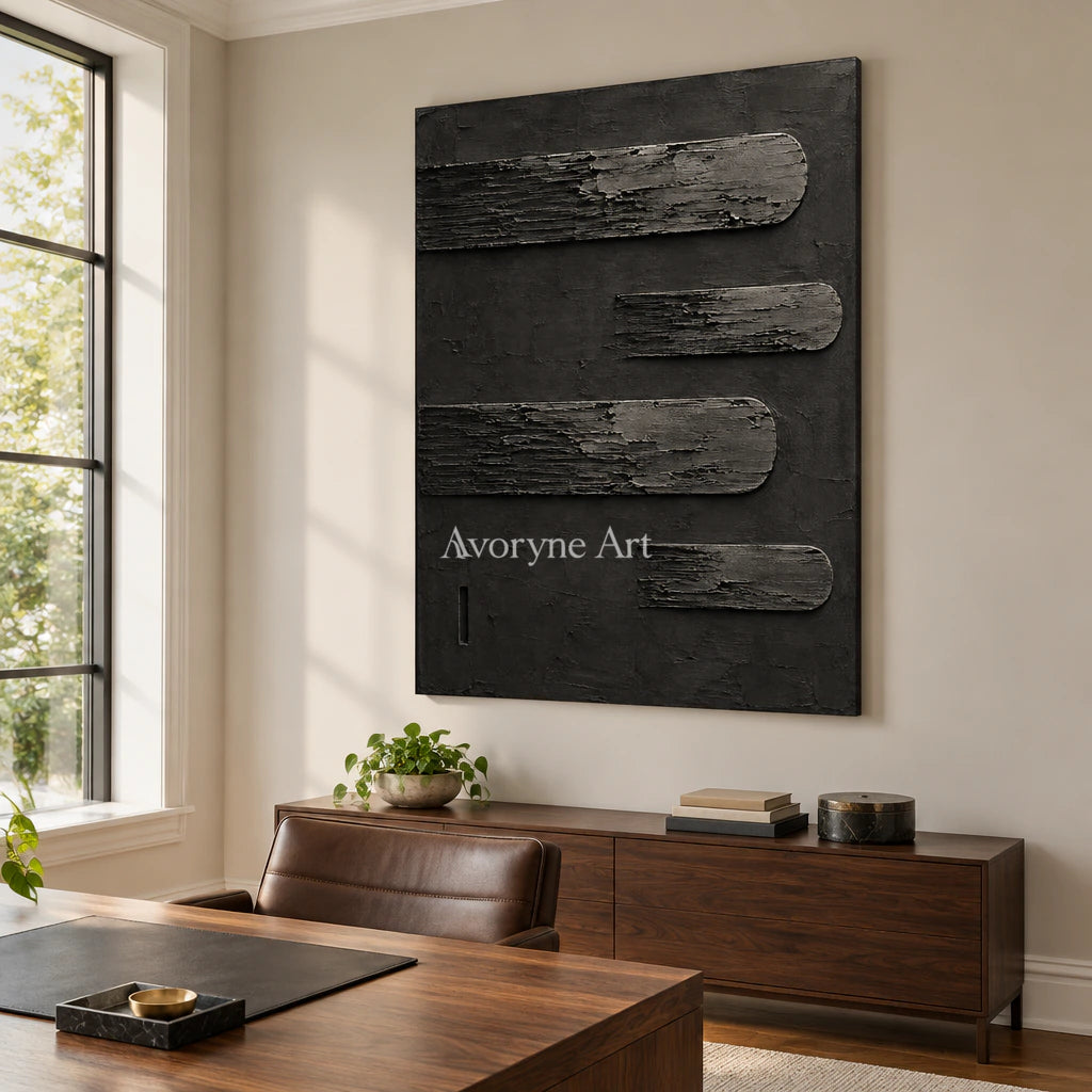 Dark Intervals: Wabi-Sabi Black Textured Relief Wall Art — office frameless