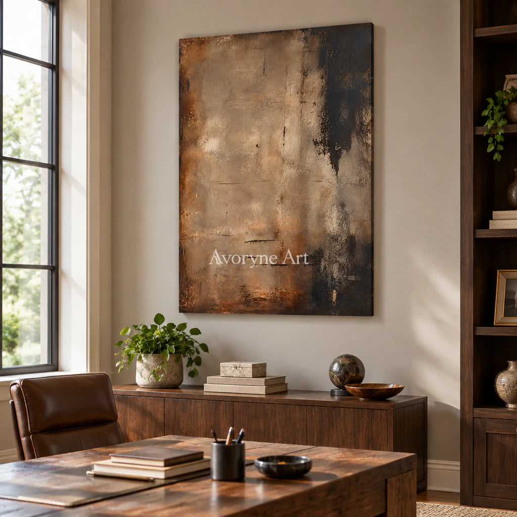 Umber Silence: Wabi-Sabi Brown Abstract Wall Art — office frameless