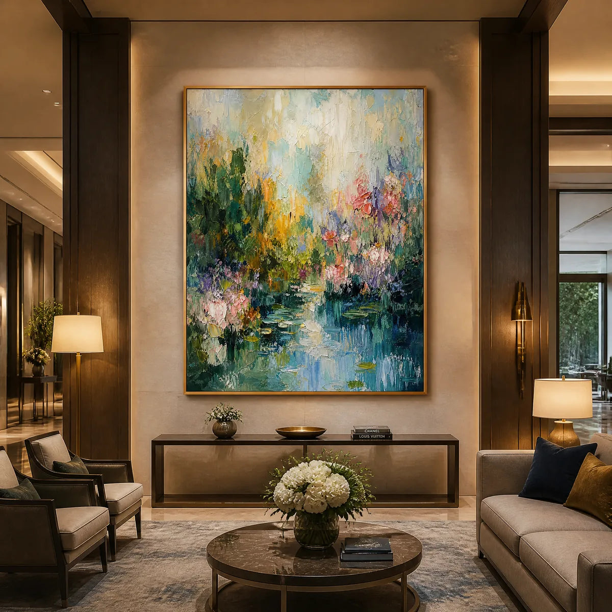 Water Garden: Floral Landscape Wall Art - hotel wood frame