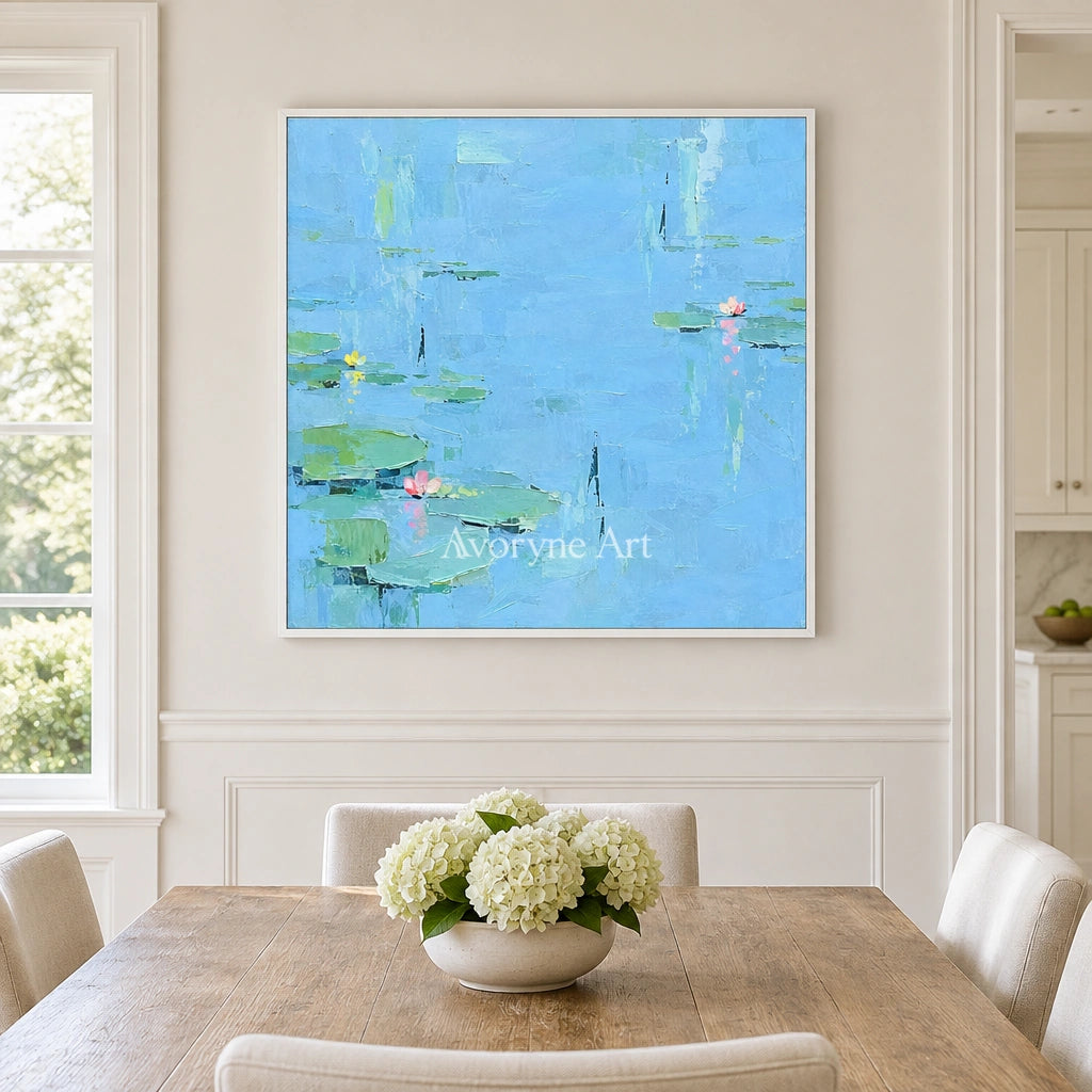 Tender Gesture water lily wall art with a white frame in a dining room