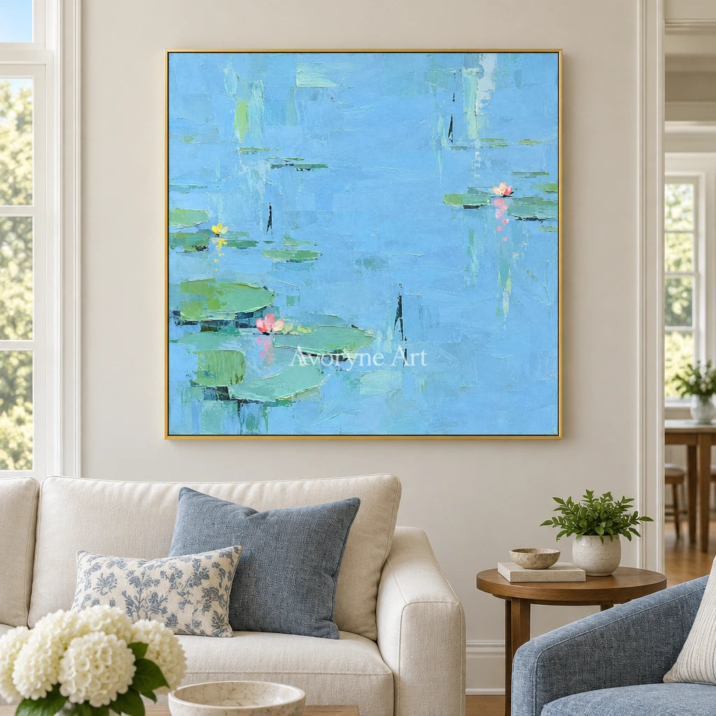 Tender Gesture water lily wall art with a gold frame hanging in a living room