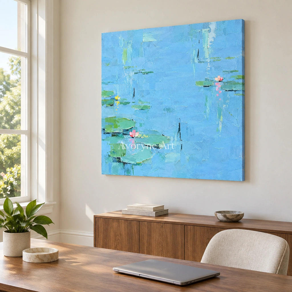 Tender Gesture water lily wall art as a frameless stretched canvas in a home office
