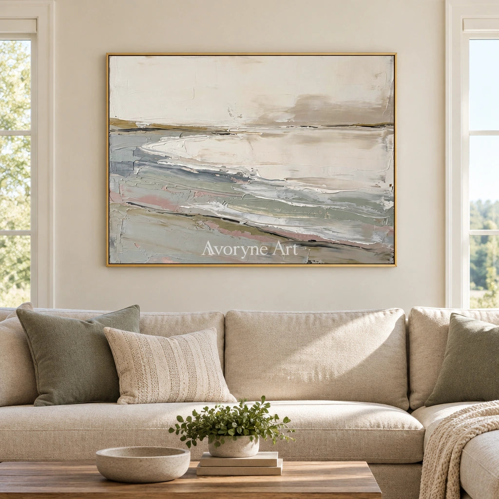 Bright Prelude waterside landscape wall art with a gold frame hanging in a living room