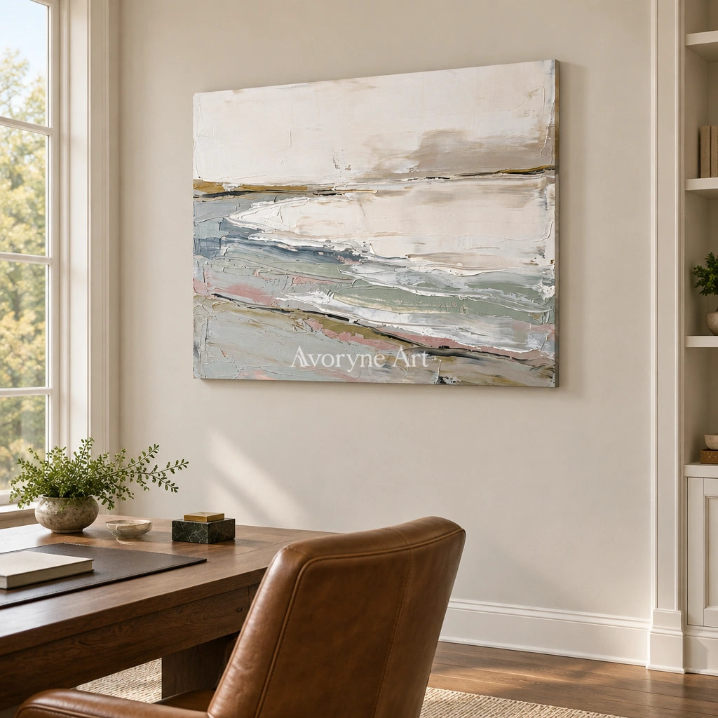 Bright Prelude waterside landscape wall art as a frameless stretched canvas in a home office
