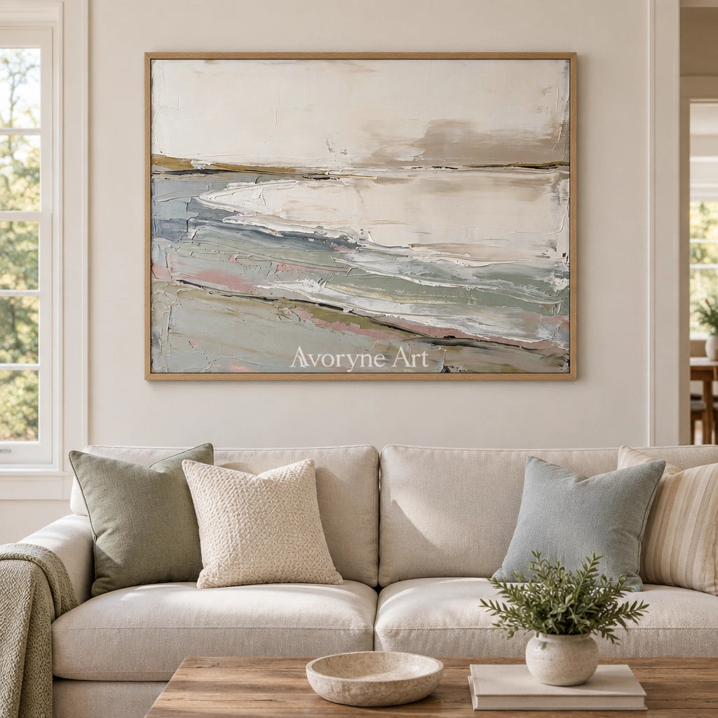 Bright Prelude waterside landscape wall art with a wood frame in a villa living space