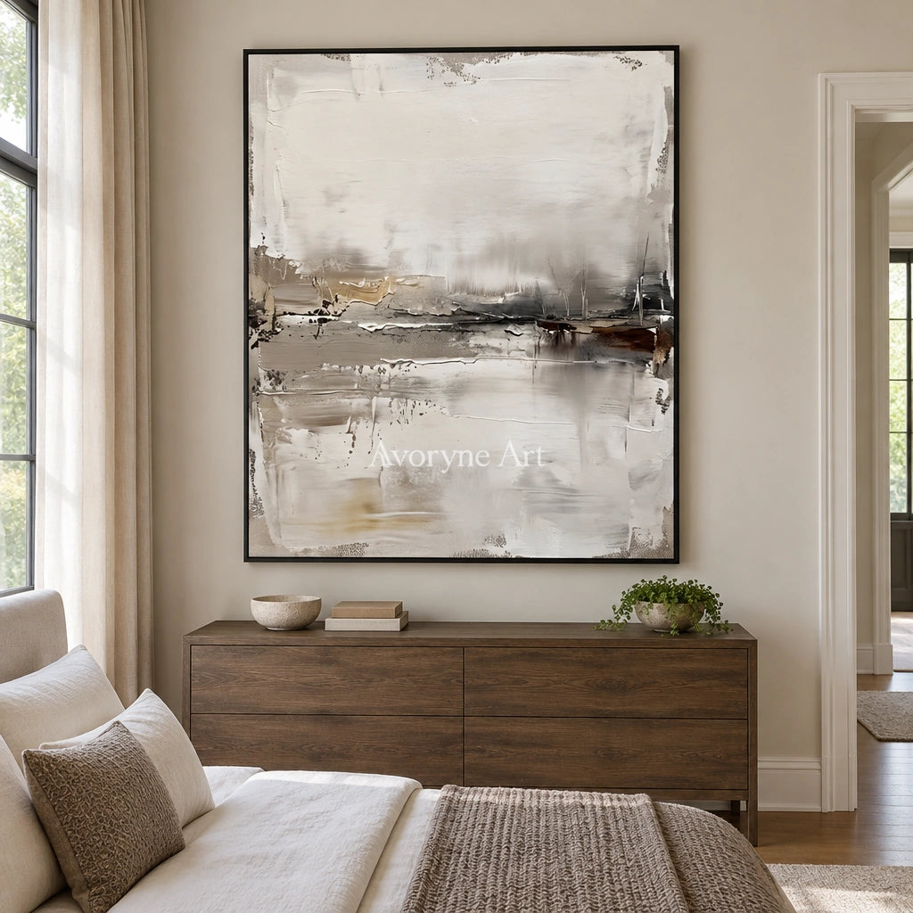 Bright Trace waterside landscape wall art with a black frame above a bed in a bedroom