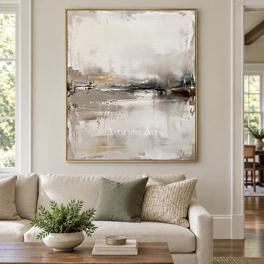 Bright Trace waterside landscape wall art with a gold frame hanging in a living room